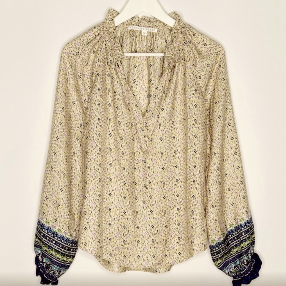 Veronica Beard Antonette Silk Abstract Geo Print Long Sleeve Ruffle Top Blouse